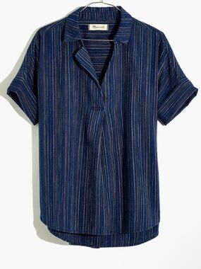 Madewell 100% Cotton Short Sleeve Collard Navy Striped Blouse Top Small